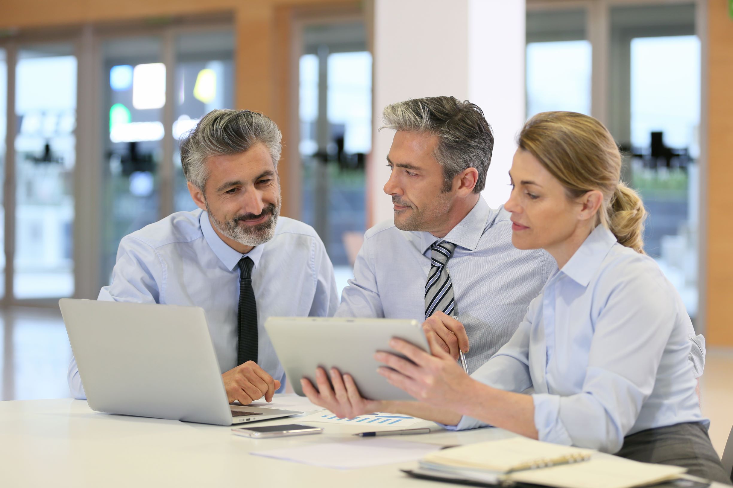 Technology consultants using computers to discuss the design of possible VoIP solutions for businesses